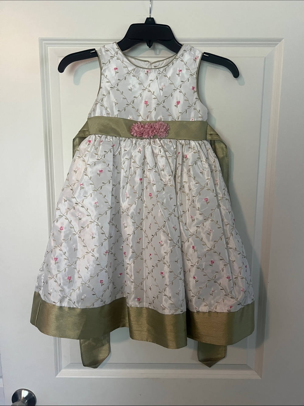 Marmellata Ivory Floral Satin Dress with Olive Sash and Pink Rosette